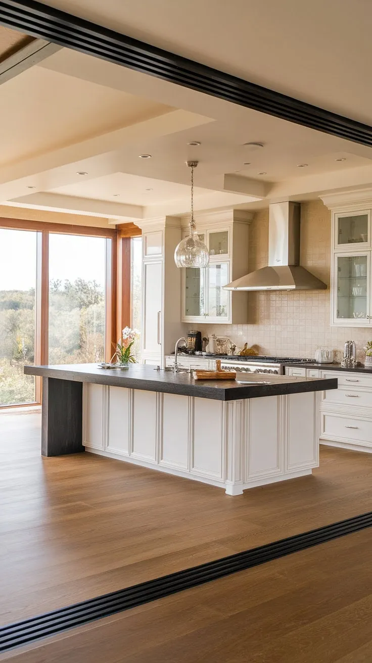 Modern luxury redefined. This open-concept kitchen seamlessly blends sleek white cabinetry with a dramatic dark island, creating a space that's both elegant and functional. The natural light streaming in from the large window perfectly complements the warm wood floors and beige backsplash, resulting in a truly inviting atmosphere. A statement pendant light adds the perfect finishing touch.