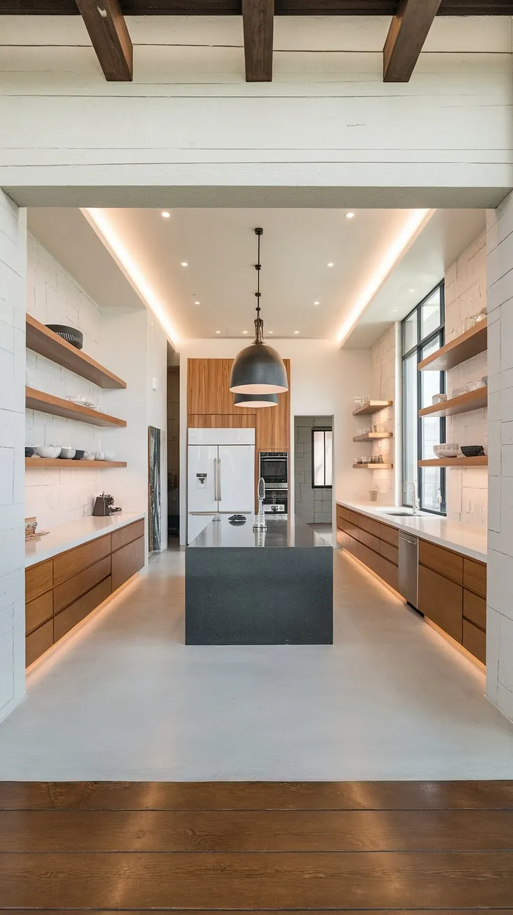 This stunning kitchen is a testament to elegant simplicity. A spacious island with a black countertop anchors the room, while the white cabinetry and appliances maintain a bright, airy feel. The exposed wooden beams and floating shelves add character, creating a truly unique and desirable living space. A dream kitchen come to life.