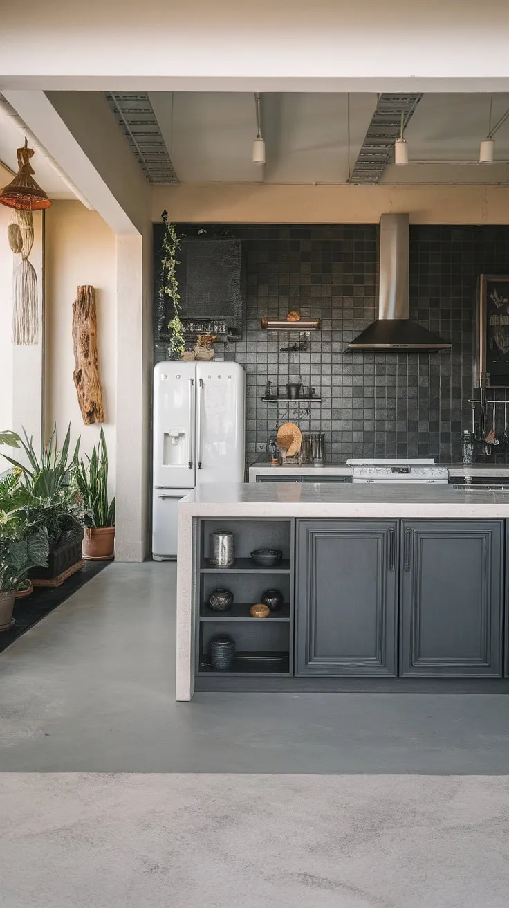 The heart of the home: a stunning modern kitchen designed for both style and functionality. The dramatic contrast between the white countertops and dark gray cabinets is visually striking, while the open shelving and integrated appliances offer a seamless flow. Natural light streams in, highlighting the carefully chosen details and creating a truly exceptional culinary haven.