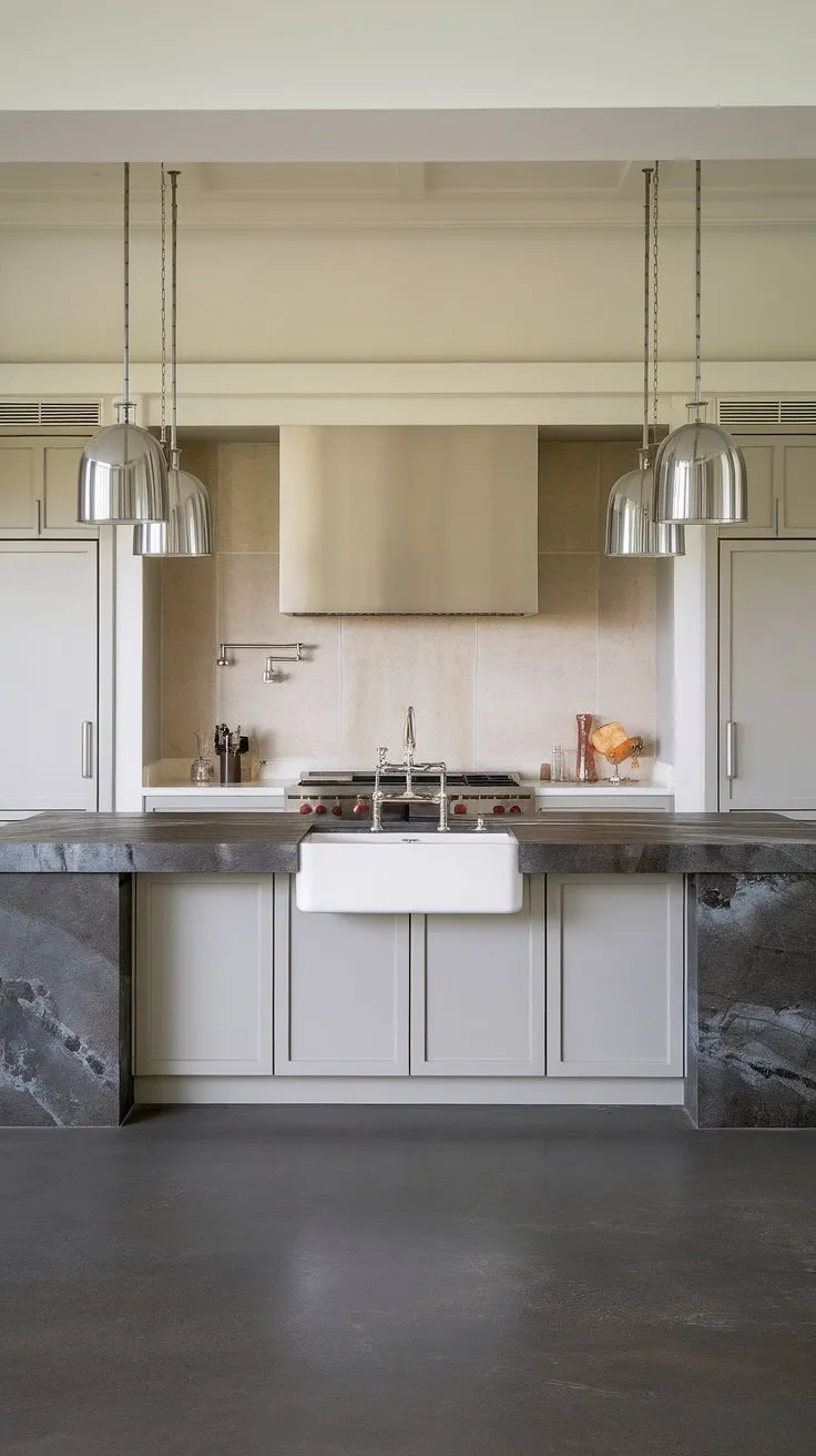 Sophisticated simplicity defines this open-concept kitchen. The dark grey marble island, a striking contrast to the matte grey cabinetry, creates a stunning focal point, perfectly complemented by the warm beige backsplash and sleek stainless steel pendant lighting. A true testament to modern luxury.