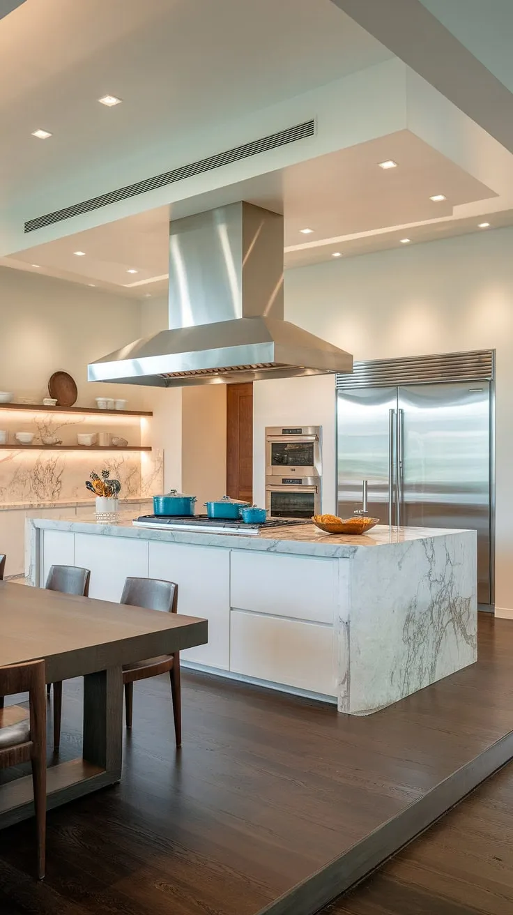Modern luxury redefined. The open-concept design seamlessly blends the kitchen's sleek stainless steel appliances and marble island with the adjacent dining area, creating a space perfect for both culinary creations and effortless entertaining. A chef's dream, this kitchen offers ample counter space and high-end finishes.