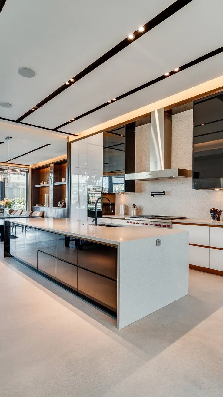 This open-concept kitchen is a dream come true. The spacious island, complete with a black sink and white countertop, is the perfect centerpiece. The contrasting textures and finishes-from the matte white to the glossy black-add depth and visual interest, creating a space that's as beautiful as it is practical.