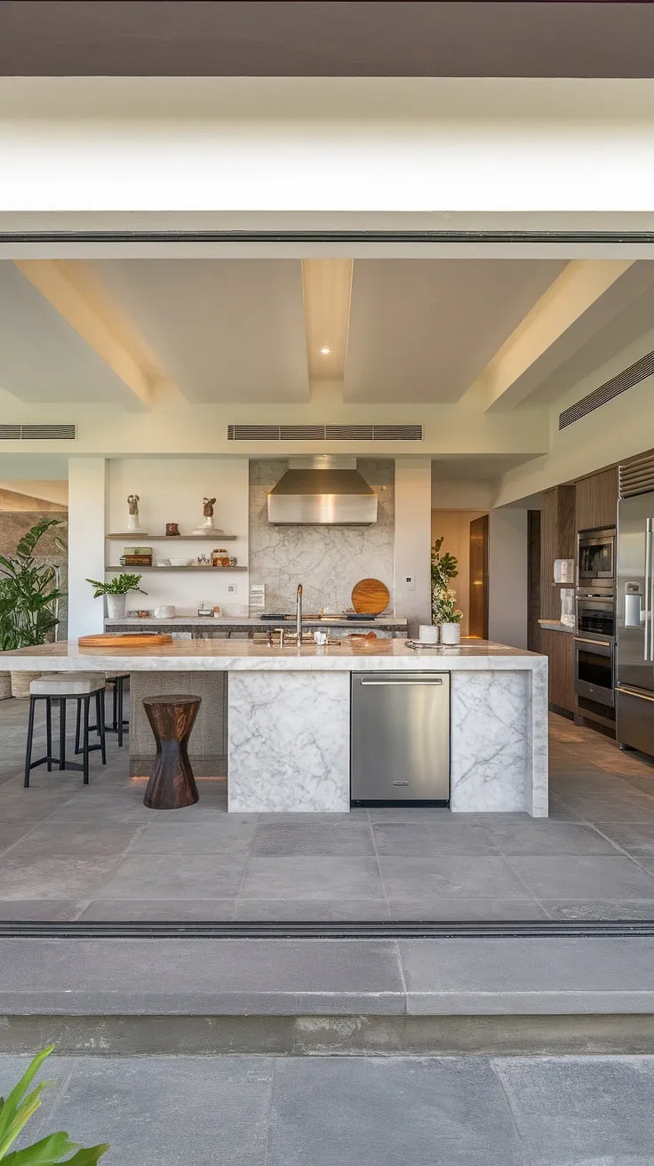 Modern luxury redefined. This open-concept kitchen boasts sleek stainless steel appliances, a stunning marble island perfect for casual dining, and ample storage – a chef's dream come true. The natural light and carefully chosen plants create a warm and inviting atmosphere. A testament to sophisticated design and effortless elegance.