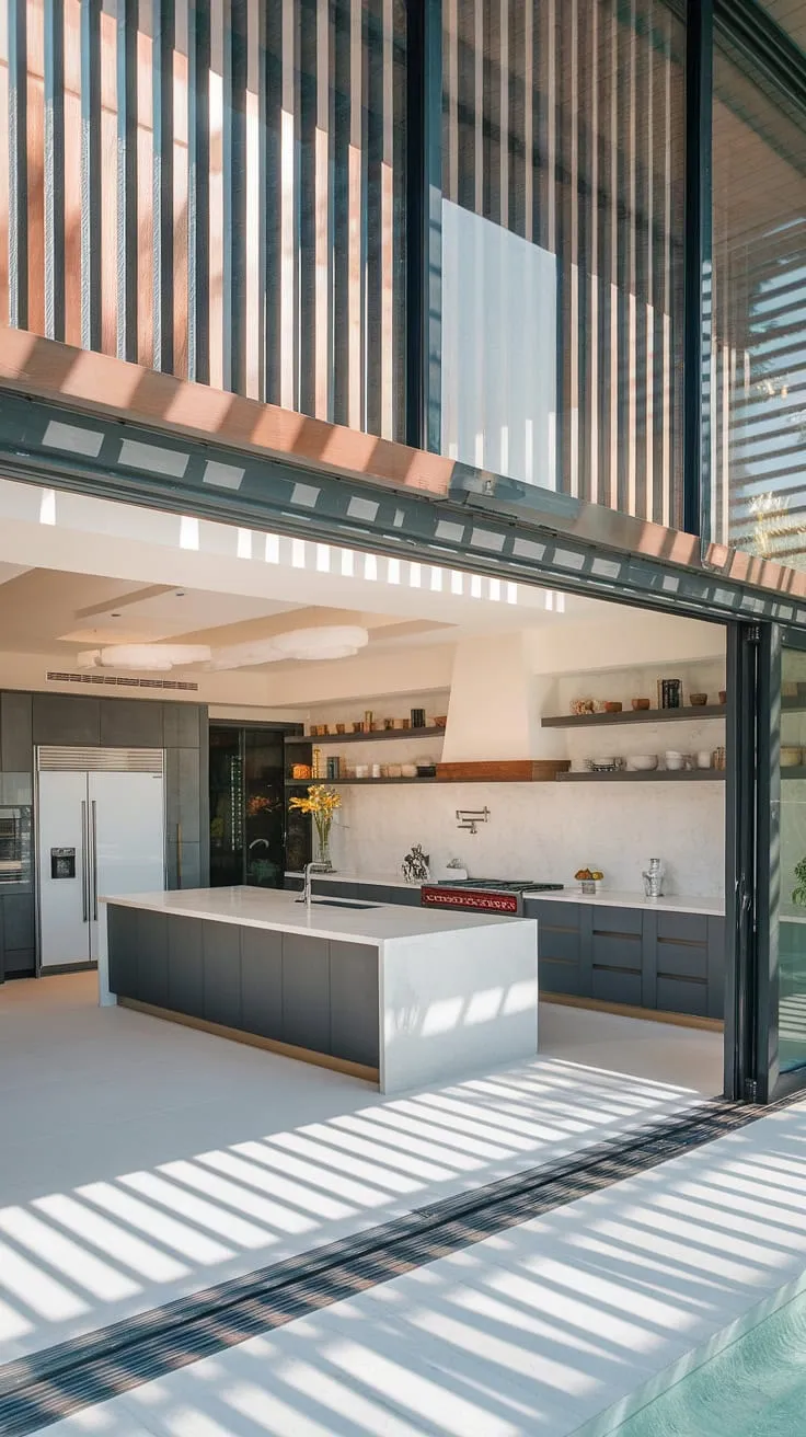 This kitchen is a dream come true. The large island with its white countertop provides ample workspace, while the dark gray cabinets add a touch of sophistication. A generous window with wooden blinds allows for abundant natural light, creating a warm and inviting atmosphere. A truly inspiring space.