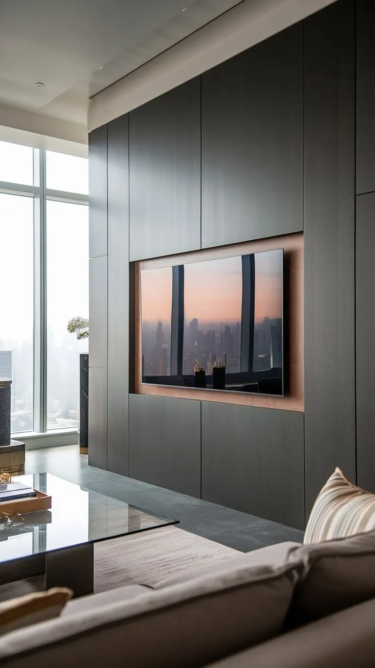 Unwind in sophisticated style. The dark grey wall, featuring a seamlessly integrated, black-framed TV panel, anchors this luxurious living room. Floor-to-ceiling windows offer stunning city views, creating a space where comfort and elegance effortlessly coexist. A truly inspiring sanctuary.