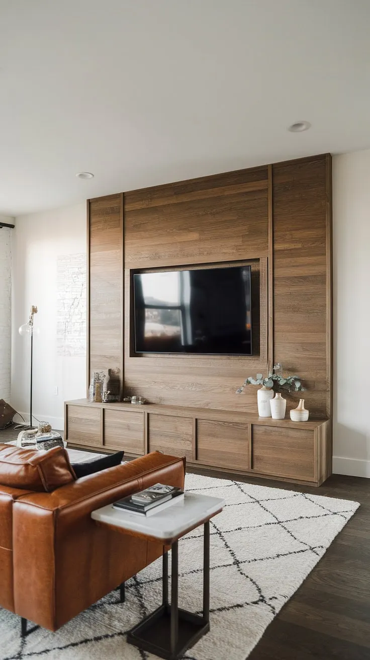 This living room is a testament to understated elegance. The recessed TV panel, seamlessly integrated into the beautiful wood wall, is a design highlight. The comfortable leather seating and soft white rug complete the look, offering a haven of relaxation and refined style.