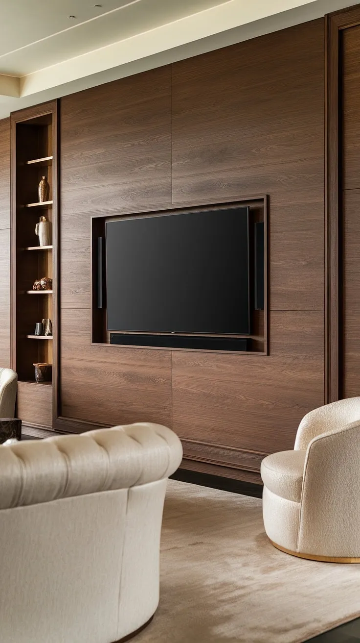 This luxurious living room showcases the perfect blend of modern design and timeless appeal. The stunning wood TV wall, complete with integrated shelving, is a statement piece, while the soft lighting and plush seating create an atmosphere of unparalleled relaxation. A sanctuary for the discerning homeowner.