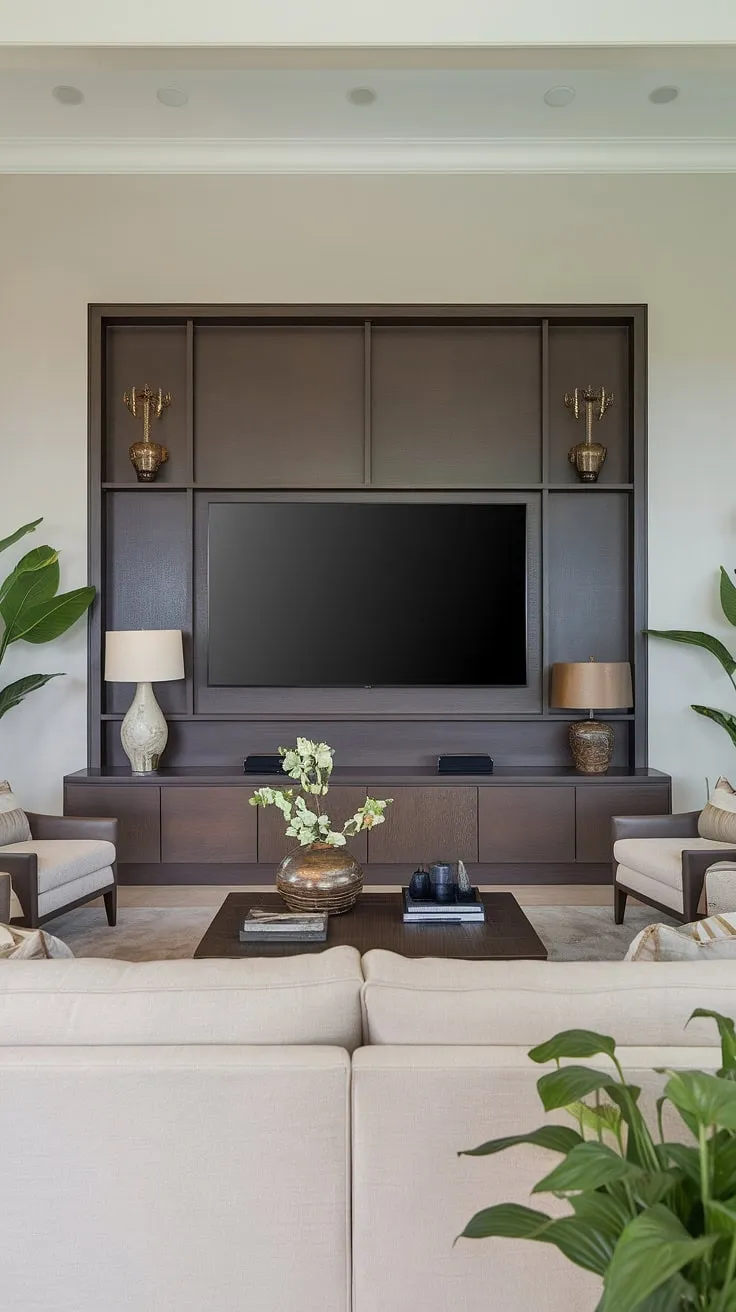 This modern living room is a sanctuary of calm and style. The built-in dark wood TV panel, a striking focal point, seamlessly integrates technology with refined décor. The beige sofa and comfortable seating invite relaxation, while the carefully chosen plants add a touch of nature's serenity. A space designed for effortless living.