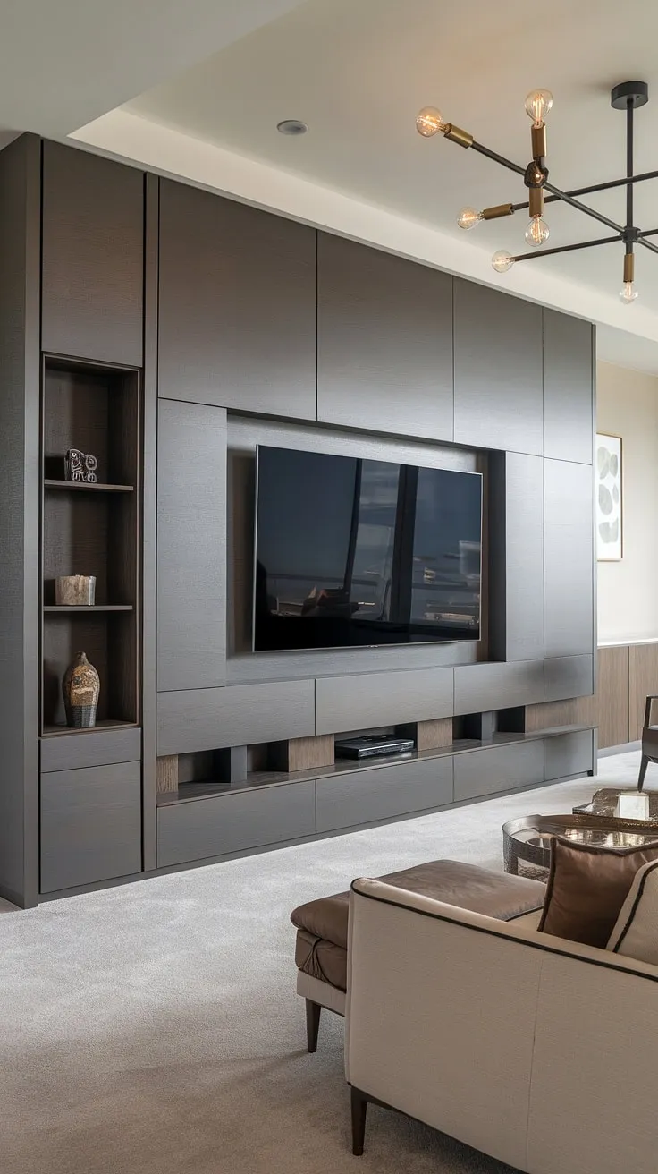 Sophisticated simplicity defines this living room. The dark grey TV wall, complete with integrated speakers and stylish lighting, is a stunning focal point, perfectly complemented by the neutral tones of the furniture and carpet. A testament to modern luxury and understated elegance.
