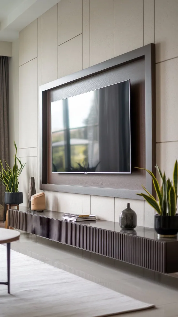 Experience the epitome of modern living. A stunning, built-in TV panel anchors this minimalist space, seamlessly integrating technology with elegant design. The carefully chosen accessories and calming color scheme create a sanctuary of understated luxury, perfect for unwinding after a long day.