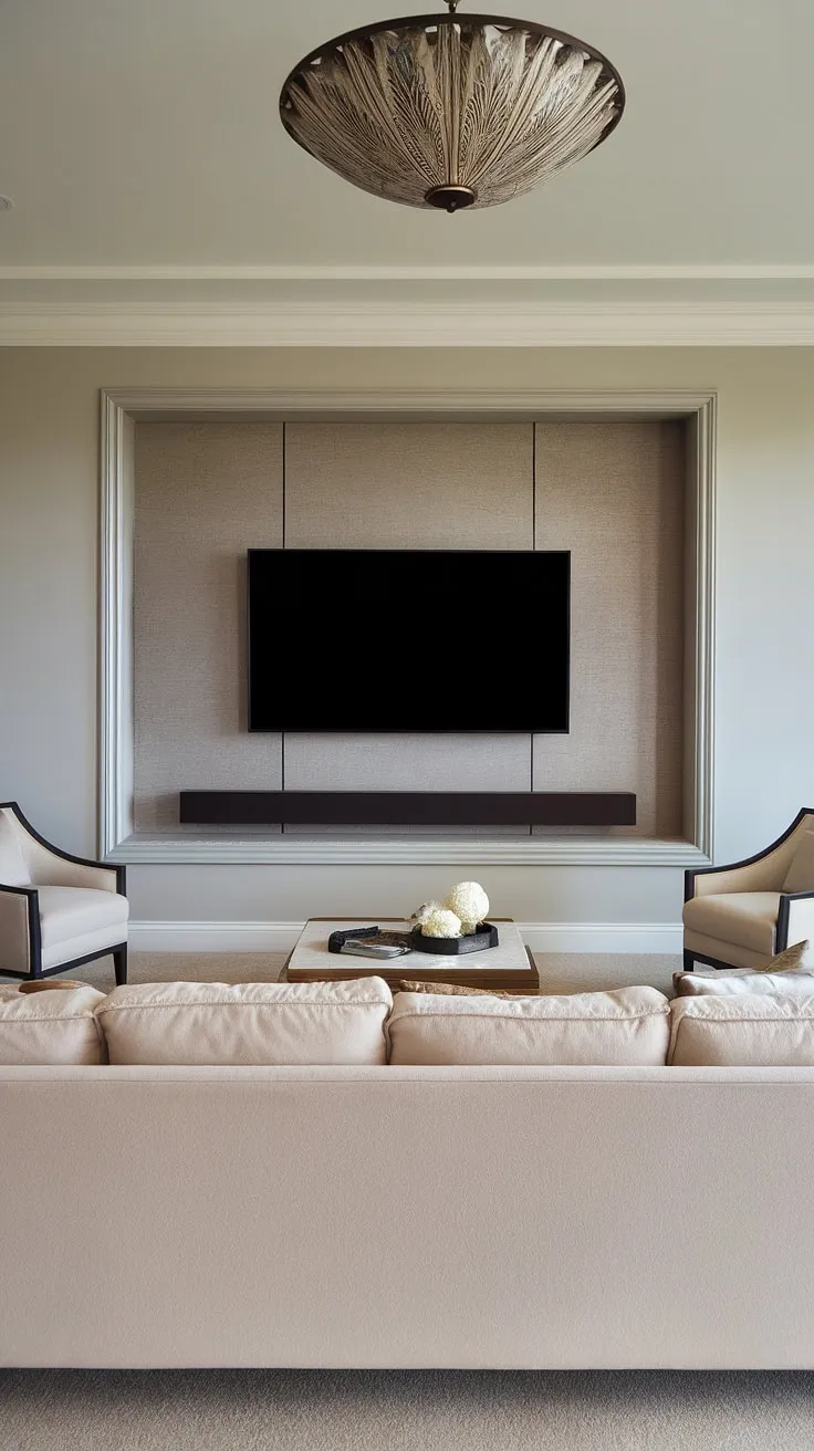 Indulge in the ultimate home theater experience. This modern living room, featuring a sleek, built-in TV panel and ambient lighting, offers a sophisticated sanctuary for relaxation and entertainment. The neutral color palette and plush seating create a calming atmosphere, perfect for unwinding after a long day. A testament to refined living.