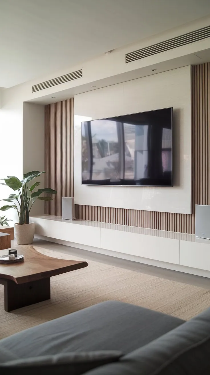 This minimalist living space showcases the beauty of clean lines and functional design. The custom-built TV wall, a masterpiece of understated luxury, anchors the room, while the grey sofa and warm wooden accents create a welcoming atmosphere. A testament to refined living.