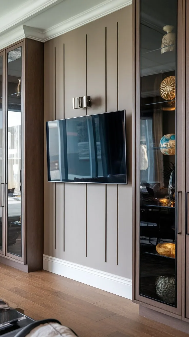 Sophisticated simplicity. This living room's modern TV wall, complete with sleek cabinets and a stunning display, seamlessly blends form and function. The clean lines and thoughtful design create a space that's both elegant and inviting. A testament to understated luxury.