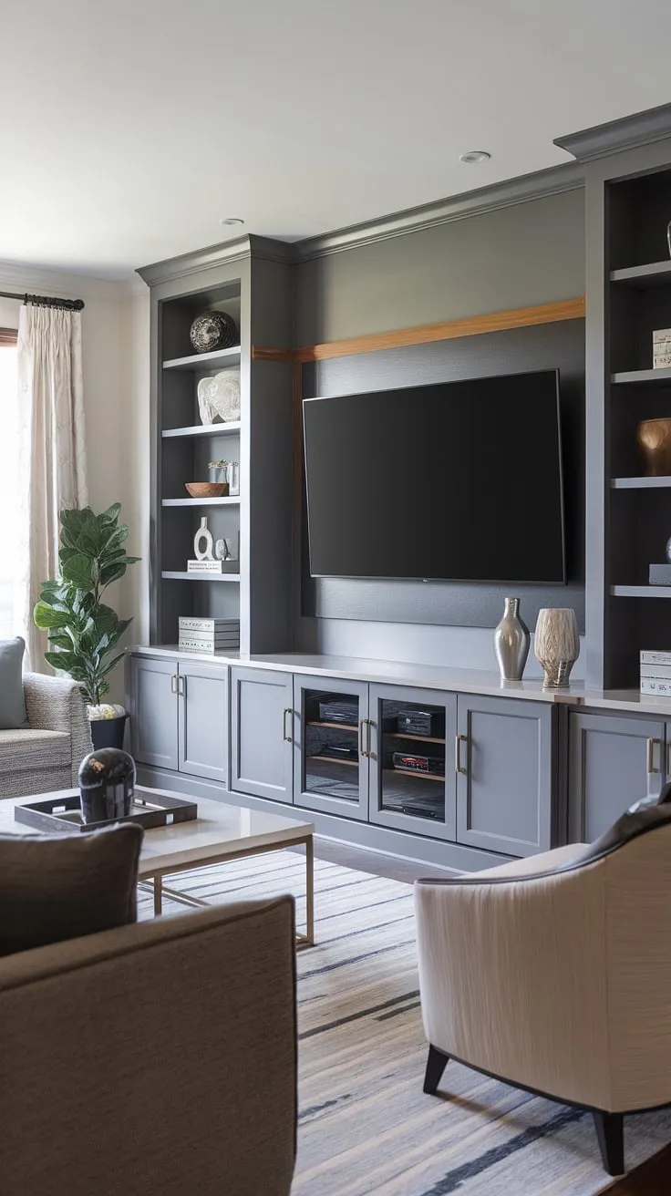 Sophisticated simplicity defines this living room. The sleek, built-in entertainment center, a stunning focal point, seamlessly integrates technology and style, creating a space that's both luxurious and inviting. The calming gray and beige palette, accented by a touch of greenery, completes the serene atmosphere.