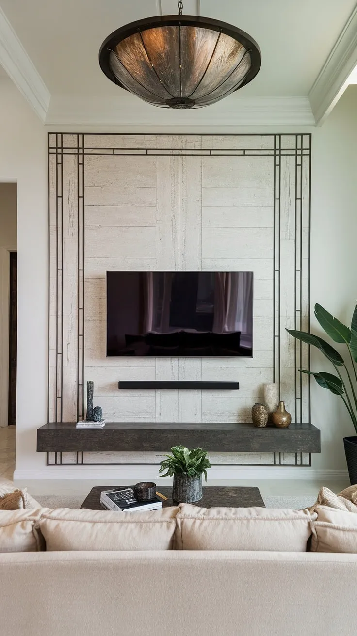Sophisticated simplicity defines this living room. The sleek, black TV panel, a statement piece in itself, is perfectly complemented by the minimalist design and warm beige tones, creating a space that's both luxurious and inviting. The carefully curated décor adds a touch of personality without overwhelming the clean lines.