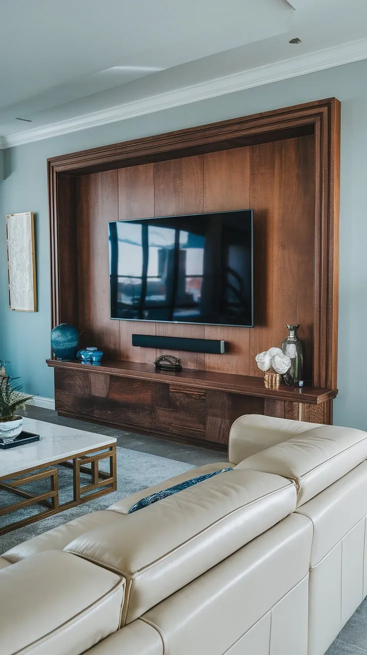 Indulge in cinematic bliss with this stunning home theatre setup. The rich wood paneling complements the cream leather sofa perfectly, creating a luxurious and inviting atmosphere. A sophisticated sanctuary for relaxation and entertainment.