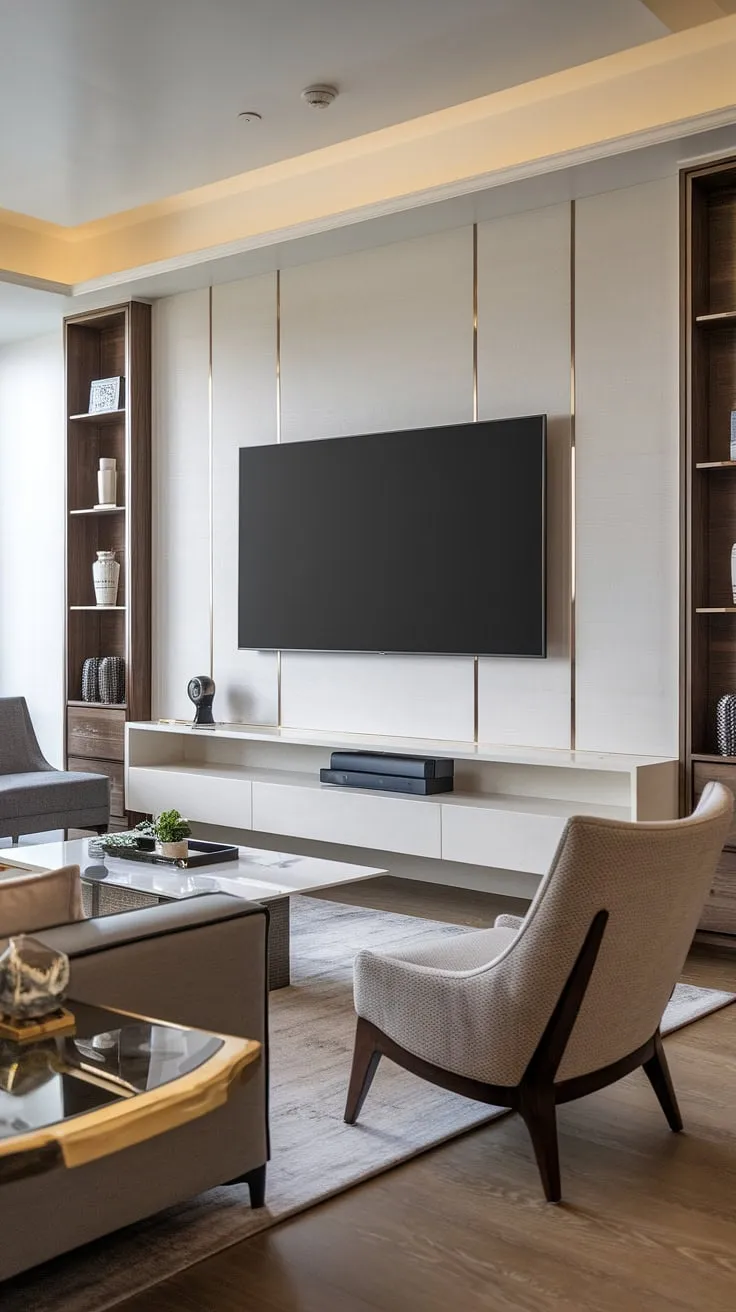 Sophisticated living redefined. The sleek white TV panel, seamlessly integrated with the built-in shelving, offers both style and functionality, creating a focal point in this luxurious space. The gray sofa and warm wood flooring complete the ambiance.