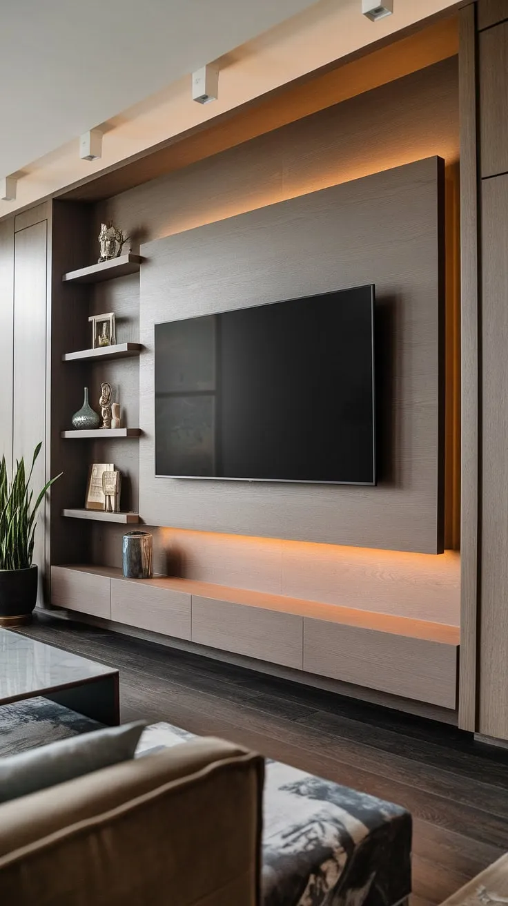 This stunning living room boasts a show-stopping feature wall: a custom-designed wooden entertainment center housing a large screen TV and stylish display shelves. The carefully chosen accessories and lush greenery add a touch of personality, while the dark hardwood floors anchor the space with understated elegance.
