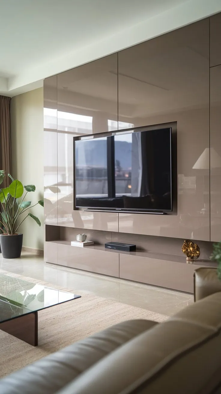 The epitome of modern elegance. A statement TV wall anchors this living room, showcasing a harmonious blend of form and function. The glossy finish and integrated design add a touch of understated luxury, while the neutral palette fosters a sense of calm and serenity.