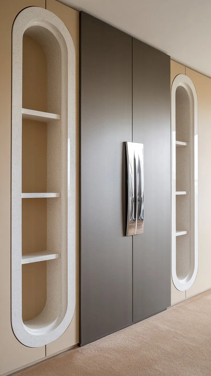 A stunning example of contemporary design. The built-in TV unit, finished in a sophisticated dark grey with a gleaming chrome handle, is the focal point of this luxurious living room. Flanked by tall, white textured shelves, the space feels both spacious and inviting. A truly exceptional home environment.