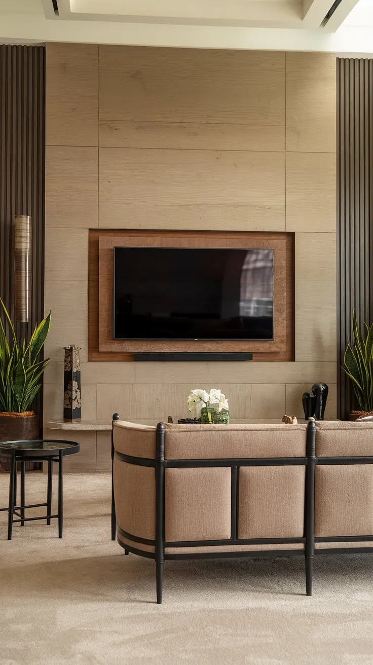 Sophisticated serenity. This living room's beige palette, complemented by the warm wood of the luxury TV wall, creates a calming atmosphere. The sleek black accents add a touch of modern elegance, perfectly balancing comfort and style. A perfect space to unwind and enjoy a quiet evening.