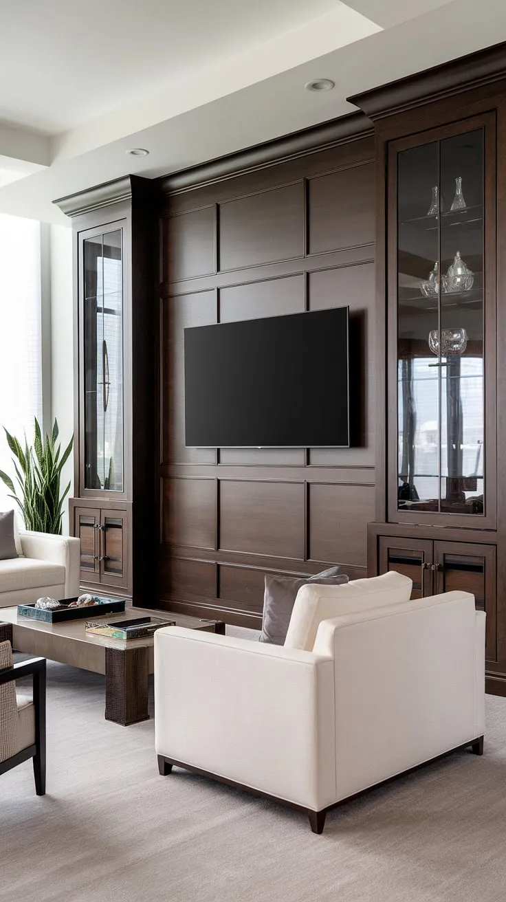 Indulge in cinematic luxury. This living room's dark brown wooden TV wall, complete with sleek cabinets and a state-of-the-art flat screen, creates a sophisticated ambiance. The modern furniture and calming grey carpet complete the picture of refined comfort. A perfect blend of style and entertainment.