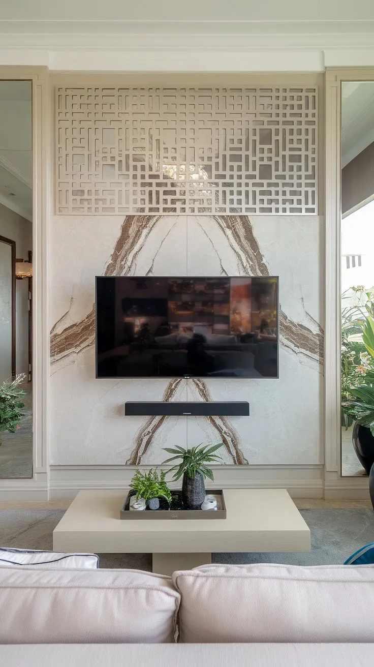 Modern living redefined. The sleek marble TV wall, complete with a built-in soundbar and geometric accent panel, creates a luxurious focal point, perfectly complemented by the light and airy space. A view to the balcony adds to the sense of calm and sophisticated living.