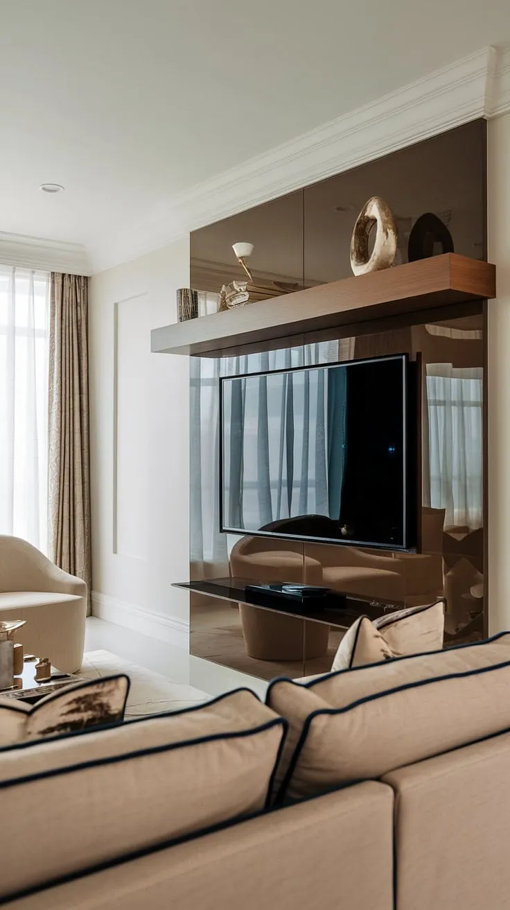 Sophisticated simplicity defines this living room. The sleek black glass TV wall, accented by a warm wood shelf, creates a focal point of understated elegance, perfectly complementing the neutral palette and ample natural light streaming through the large window. A haven of calm and contemporary style.