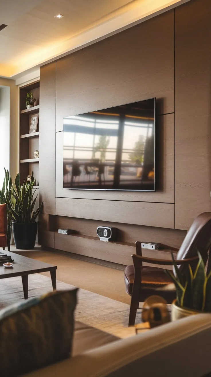 Unwind in this luxurious modern living space. The sleek, wooden TV wall unit, complete with integrated speakers and subtle shelving, is a testament to sophisticated design. A comfortable seating arrangement and carefully placed greenery complete the ambiance, creating a sanctuary where comfort and style meet. A true reflection of refined living.
