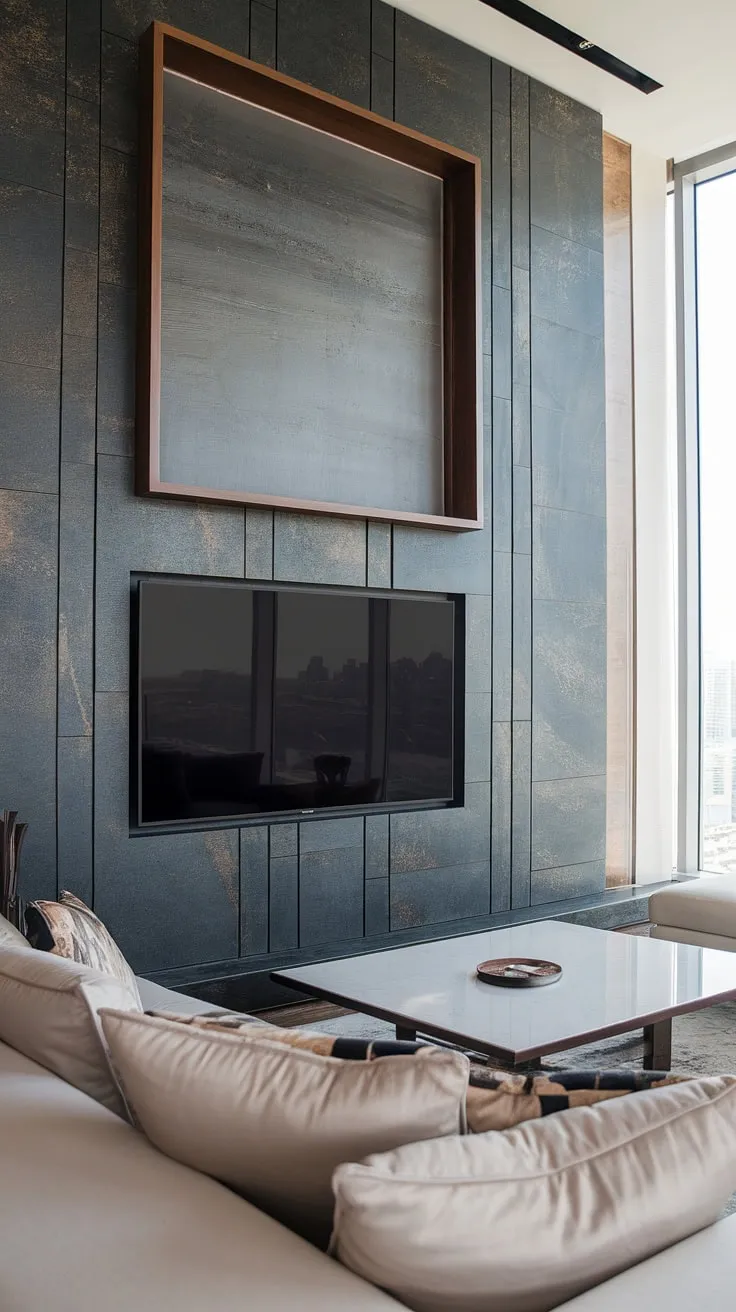 Modern luxury redefined. The textured grey wall, punctuated by warm wood accents above the sleek TV, sets the stage for effortless city living. A panoramic view completes this sophisticated sanctuary.