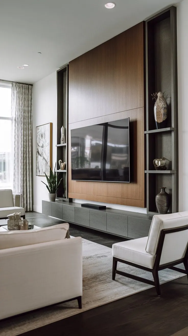 A sanctuary of style and serenity. This living room's stunning focal point-a luxurious TV wall-is a testament to refined design. The warm wood tones, paired with the airy white sofa and abundant natural light, create a truly inviting atmosphere. A perfect blend of form and function.