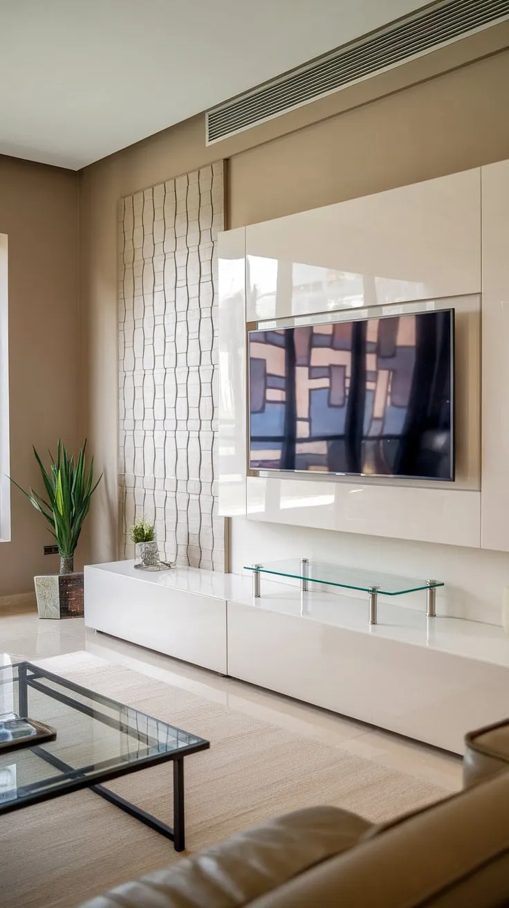 A sanctuary of style. The sleek lines of the modern TV wall unit, featuring a high-gloss white finish and glass shelving, are a testament to refined living. The subtle geometric detail adds a touch of personality to this effortlessly elegant space.