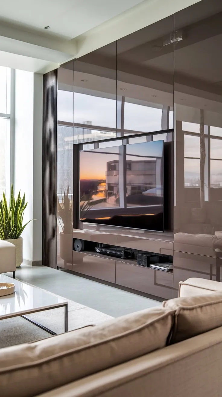 Sophisticated simplicity. This living room's dark grey, glossy TV wall, complete with integrated speakers, is the perfect blend of modern design and understated luxury. The neutral palette and natural light create a calming atmosphere, while the subtle details elevate the space to a new level of elegance.