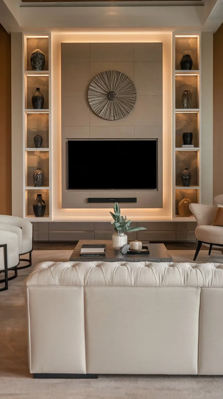 Indulge in the ultimate home theater experience. This living room's sophisticated design, featuring a sleek, LED-lit TV wall and a captivating art piece, creates an ambiance of refined luxury. The plush seating and warm color palette complete the picture of effortless elegance.