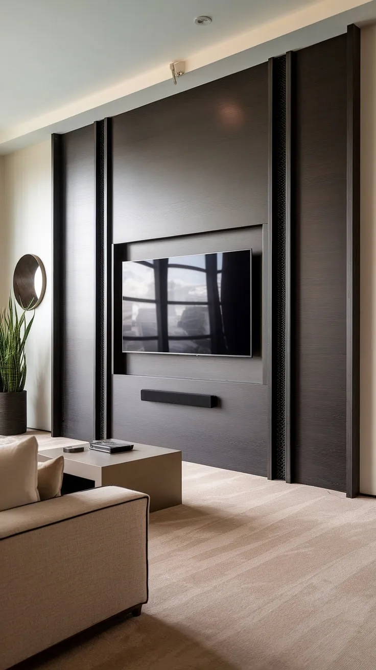 Escape the ordinary. This stunning living room showcases a modern marvel: a custom-built dark wood TV wall, complete with integrated speakers, offering unparalleled audio-visual immersion. The minimalist aesthetic, complemented by plush seating and subtle décor, creates a sanctuary of refined comfort and effortless style.