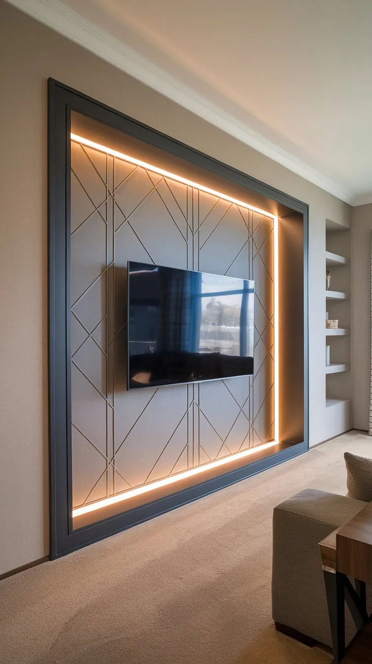 Sophisticated living redefined. This modern TV wall, featuring a sleek black frame and intricate geometric paneling, seamlessly blends luxury and functionality. The built-in shelving adds a touch of understated elegance, creating a space that's both stylish and incredibly comfortable. A perfect example of how to elevate your home entertainment experience.