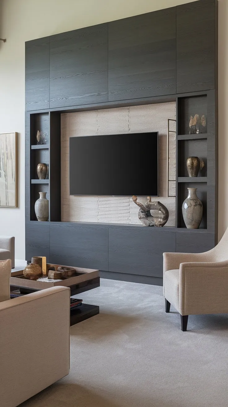 This living room's design is a masterclass in understated elegance. The centerpiece, a custom-built dark gray wood TV wall, showcases a sleek, built-in television and subtle decorative elements. The neutral tones and comfortable seating create a relaxing ambiance, while the thoughtfully placed a adds a touch of personality.