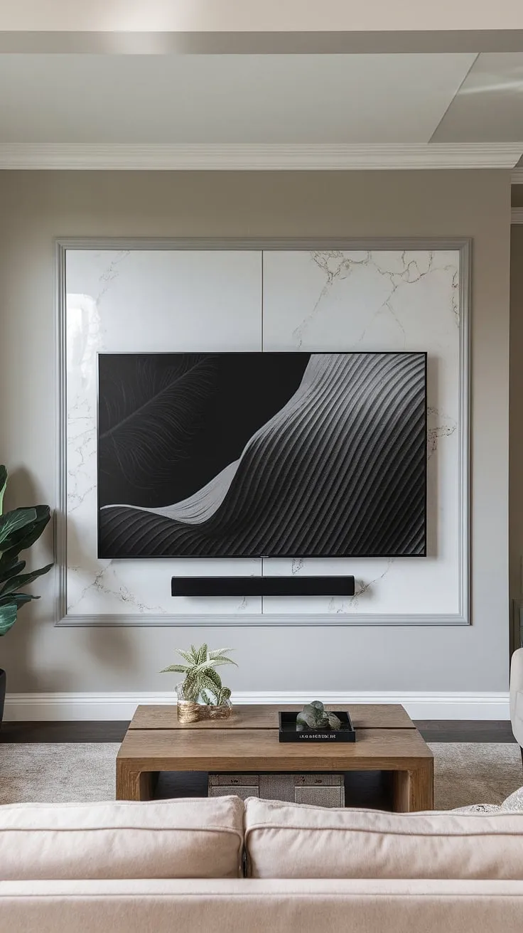 Sophisticated simplicity defined. This living room showcases a stunning TV wall, seamlessly integrating technology and art. The clean lines of the panel, the subtle elegance of the soundbar, and the captivating artwork above create a truly unforgettable ambiance. A testament to refined living.