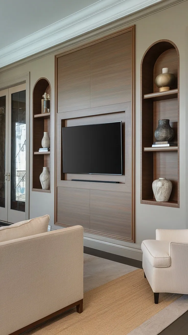 This meticulously designed living space showcases a stunning TV wall, a masterpiece of modern craftsmanship. The matte wood panel and glossy shelves offer a captivating contrast, while the neutral color palette creates a serene and inviting atmosphere. A perfect blend of style and comfort.