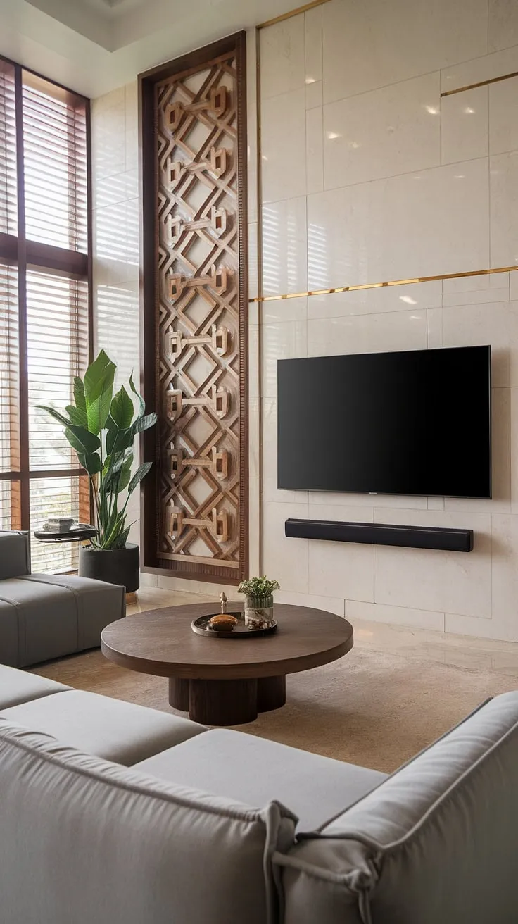 Unwind in sophisticated comfort. The sleek lines of the TV wall, complemented by the warm tones of the wooden coffee table and geometric paneling, create a living space that's both stylish and inviting. A perfect blend of modern luxury and understated elegance.