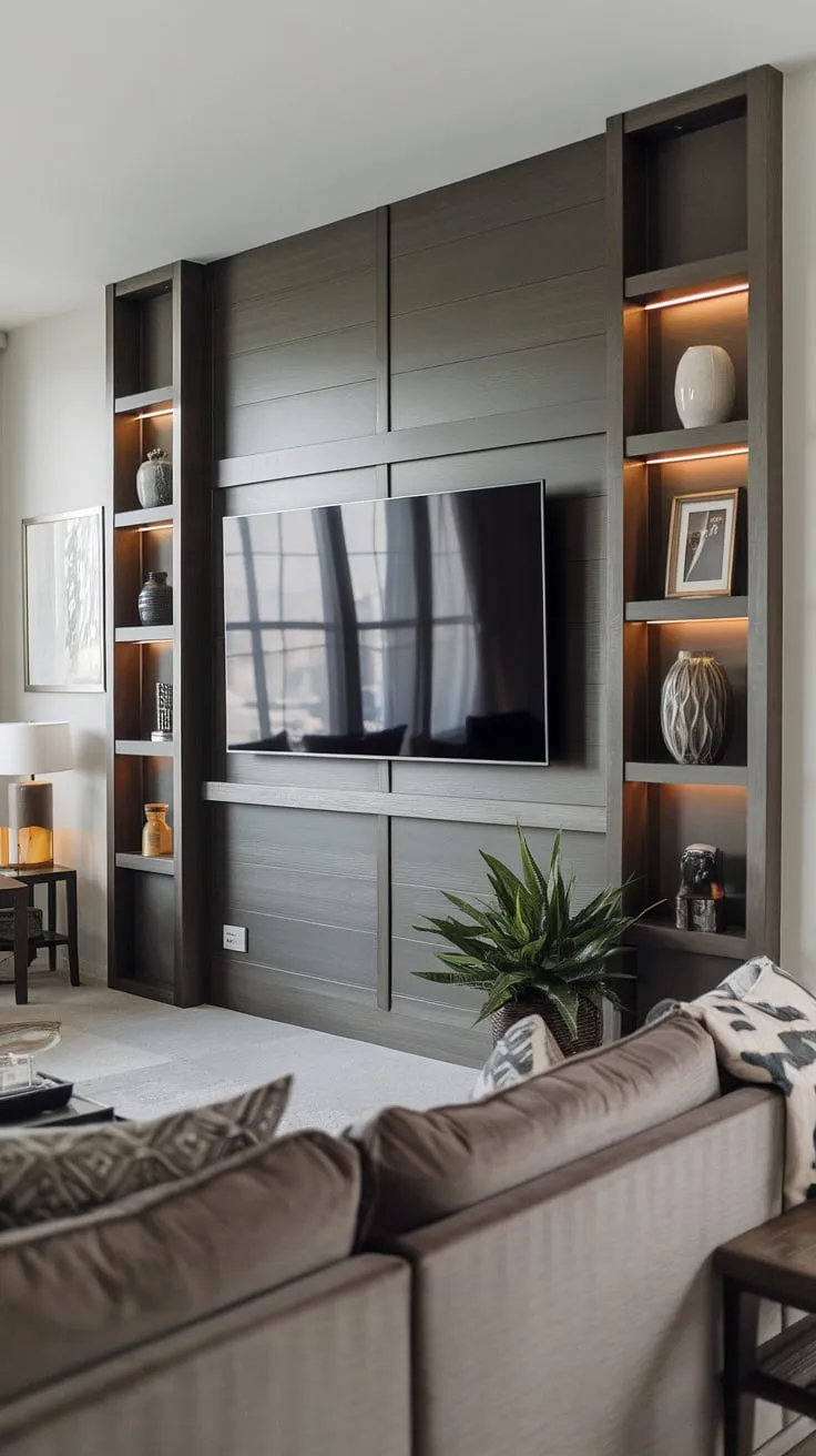 A sophisticated sanctuary awaits. This stunning living room features a bespoke dark wood TV wall, showcasing a seamless integration of style and technology. The carefully curated décor and plush seating create a relaxing and inviting atmosphere, perfect for unwinding after a long day.