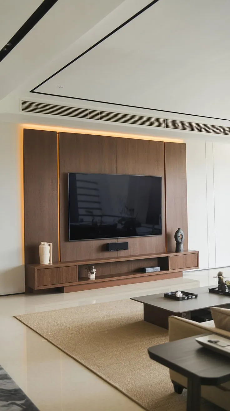 Where minimalist design meets cinematic immersion. This living room's bespoke TV wall, crafted from rich wood and seamlessly integrating storage and audio, elevates entertainment to an art form. A perfect blend of form and function.