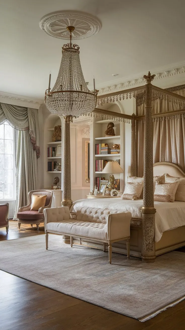 A gilded canopy bed and rich furnishings define the extravagant elegance of this mansion's bedroom.