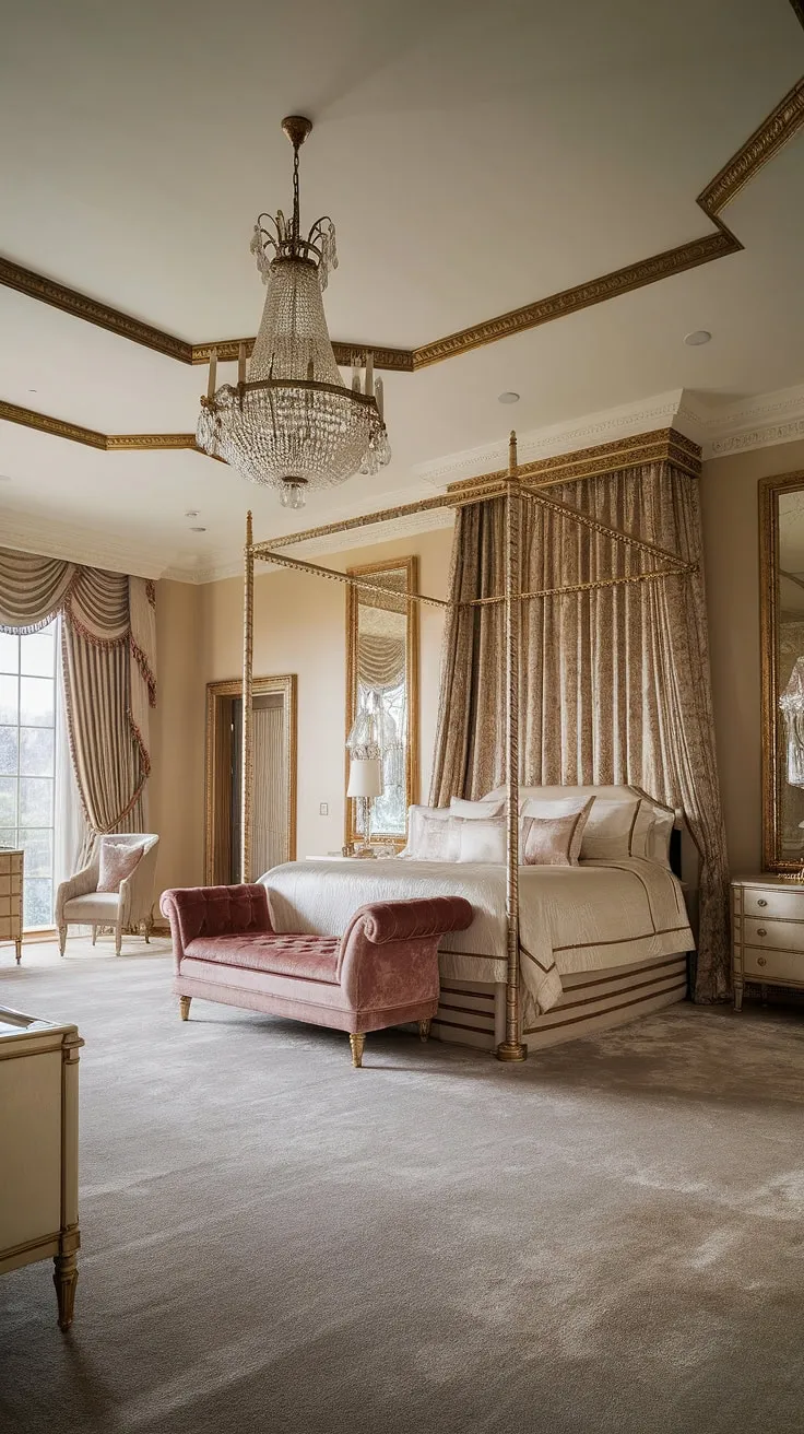 Opulent gold accents and a king-size canopy bed define this majestic mansion bedroom.