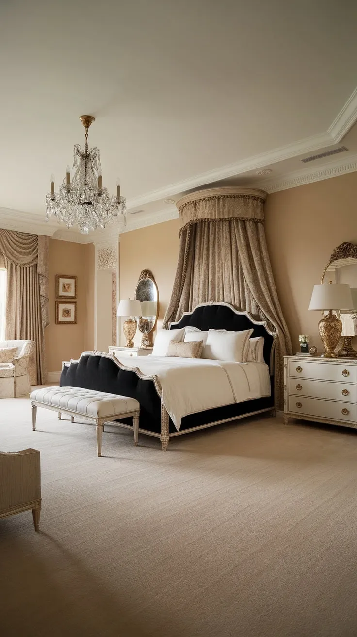 A beige-toned mansion bedroom exudes luxury with its gold detailing and plush king-size bed.