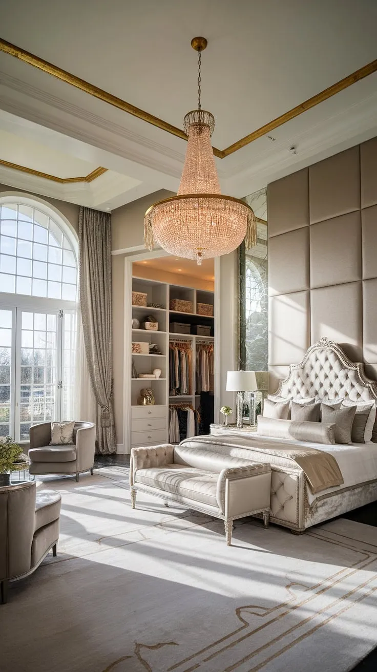 A luxurious bedroom, bathed in natural light, boasts a grand design with gold and grey accents.