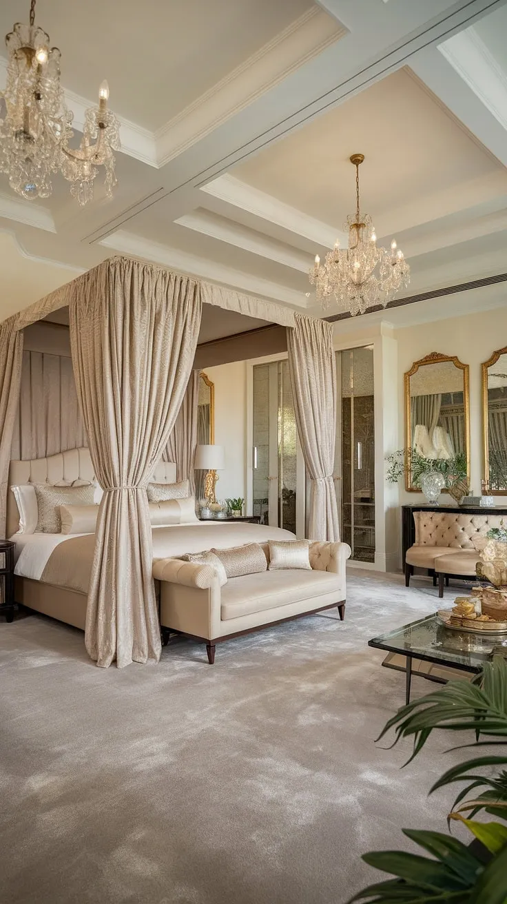 Opulent chandeliers illuminate a king-sized canopy bed and plush sitting area within a lavish mansion bedroom.