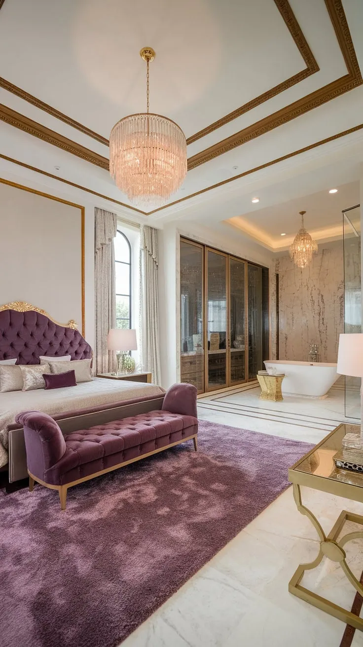A king-sized bed, gold accents, and a luxurious en-suite bathroom define the extravagant elegance of this mansion bedroom.