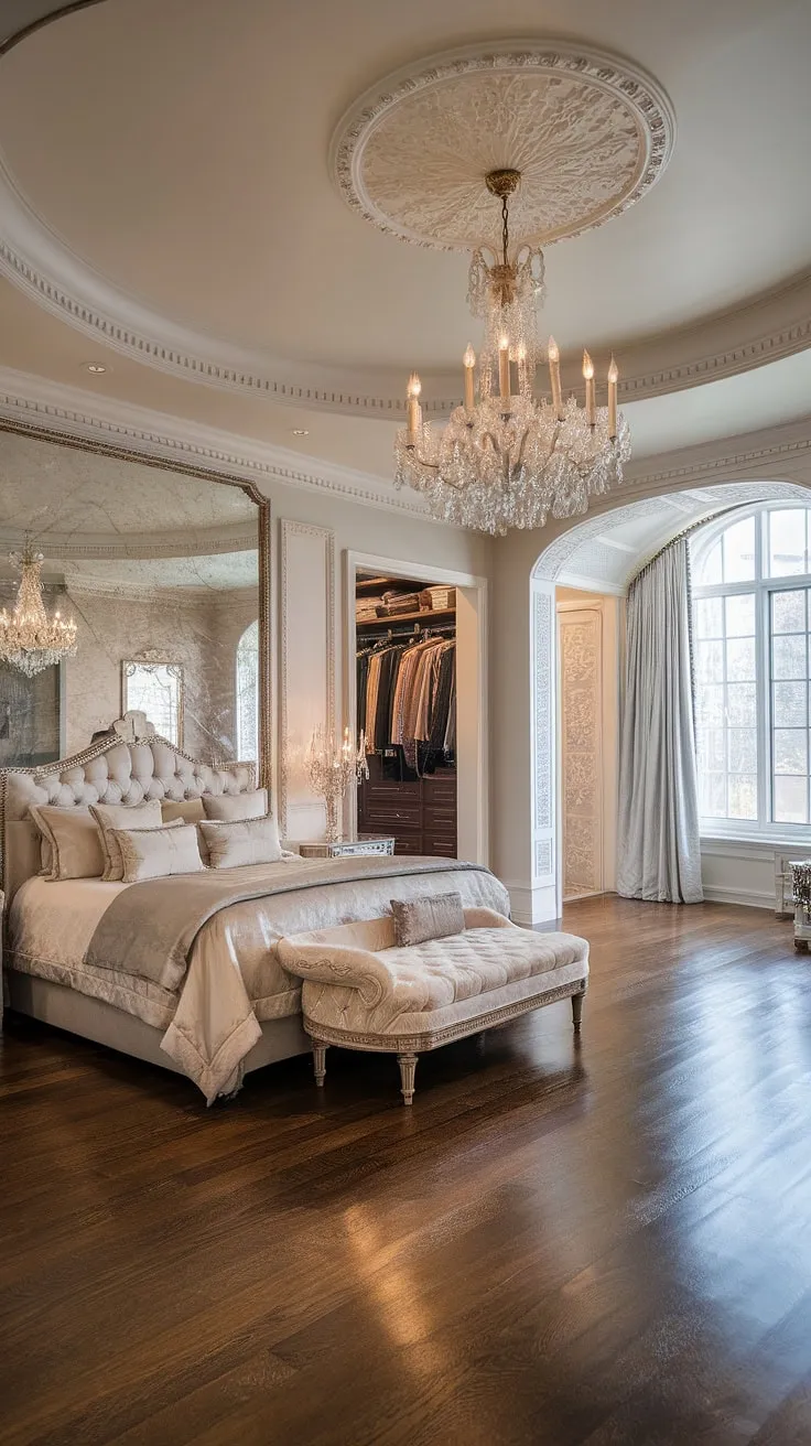 A lavish mansion bedroom boasts a king-sized bed and opulent details, creating an atmosphere of refined elegance.