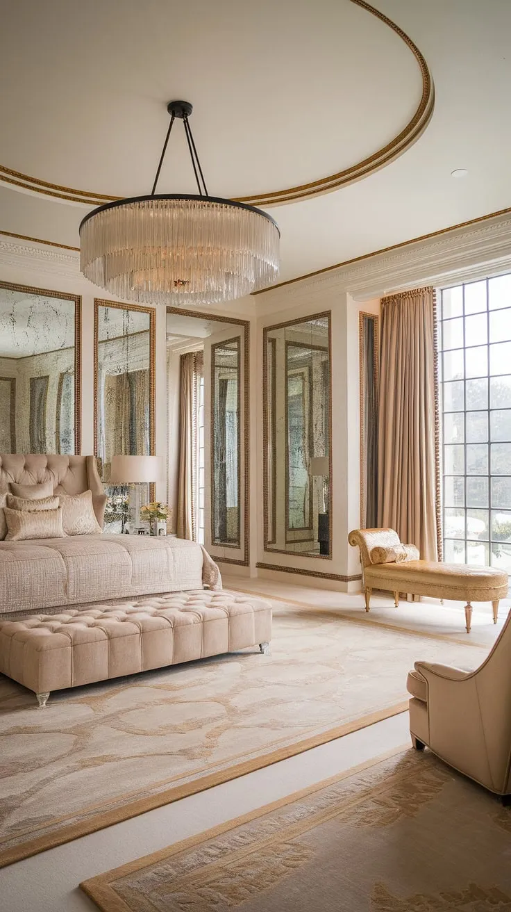 A king-size bed and gilded details create an extravagant and luxurious master suite.